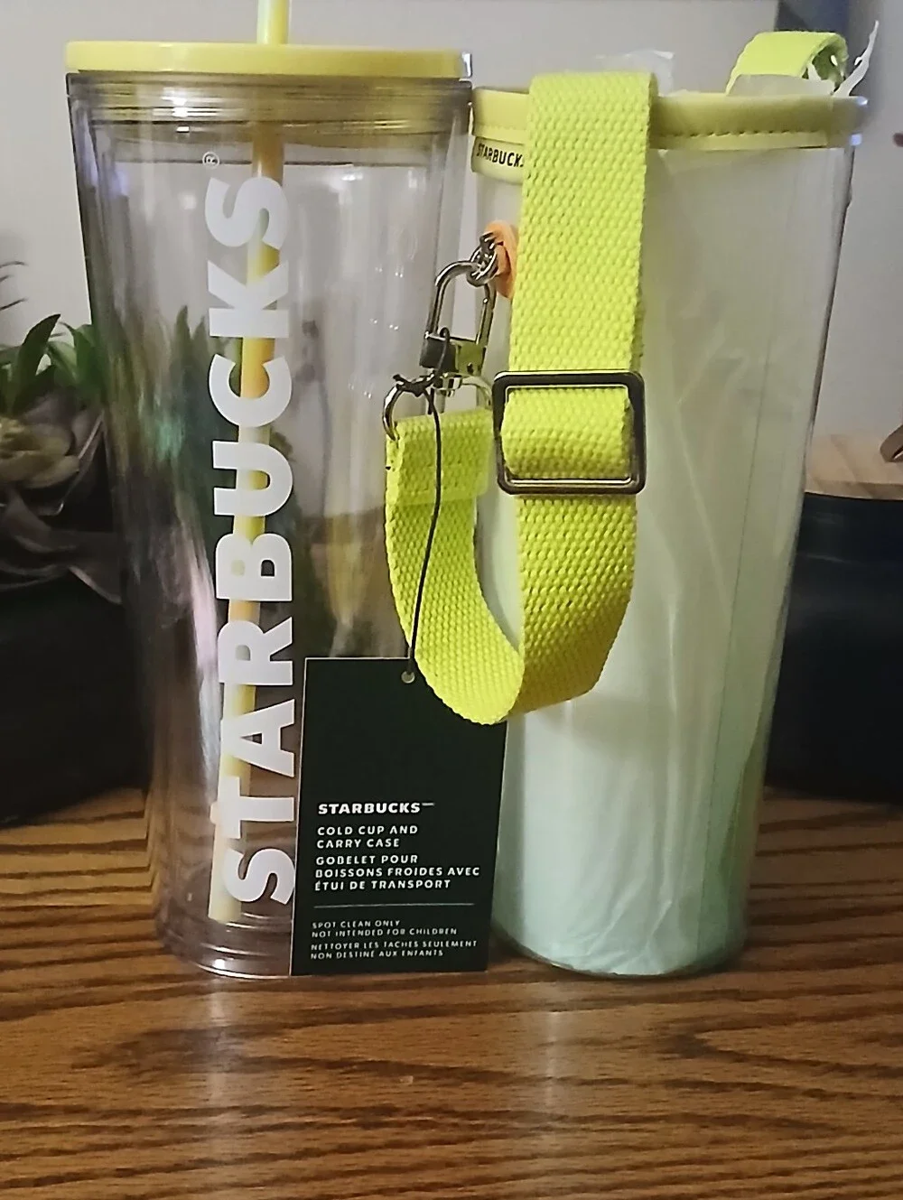 Starbucks Clear Cold Cup with Neon Yellow Lid, Straw & Strap Carry Case